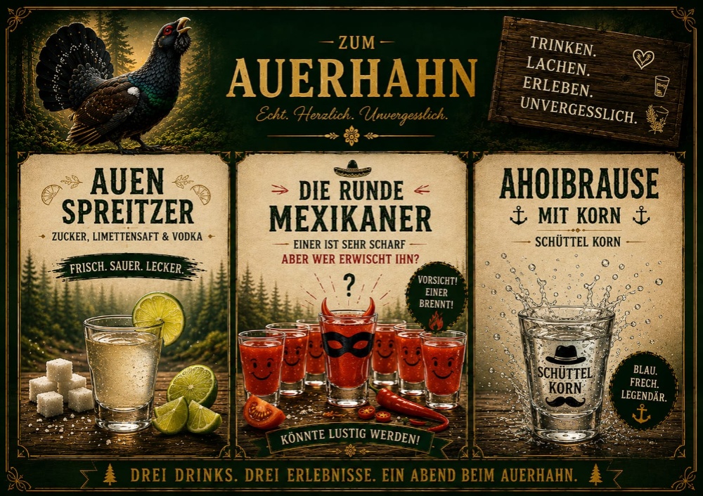 Drei Hausdrinks: Auen Spreitzer, die runde Mexikaner und Ahoibrause mit Korn