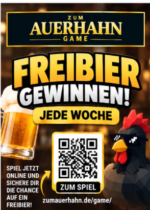 Flyer Zum Auerhahn Game: Freibier gewinnen, jede Woche